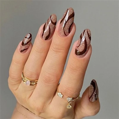 Brown Wavy Gold Glitter Press sou klou